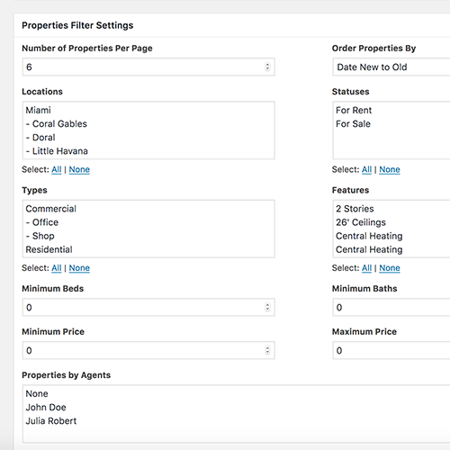 Properties Filter Settings